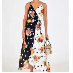 Farm rio banana Floral Polka Dot Maxi Dress - Black & White wrap dress